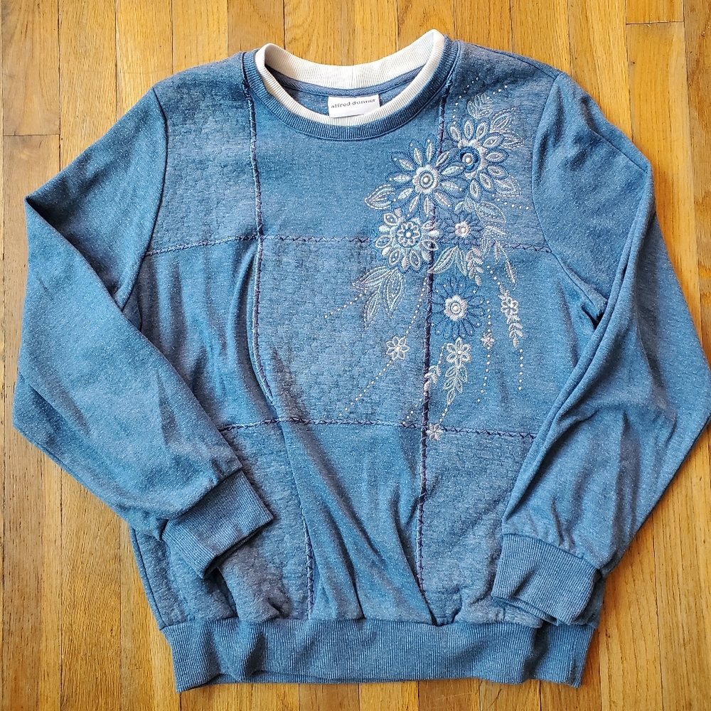 Alfred Dunner Blue Floral Crew Neck Sweater